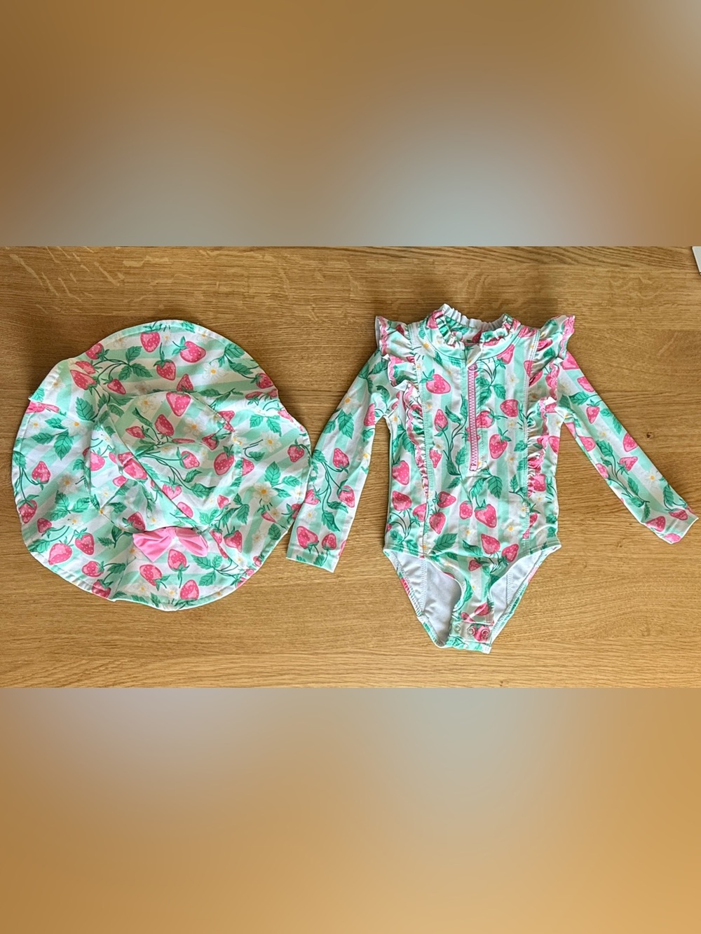 Tommy Bahama Strawberry Print Long-Sleeve Rash Guard Swimsuit with Sun Hat